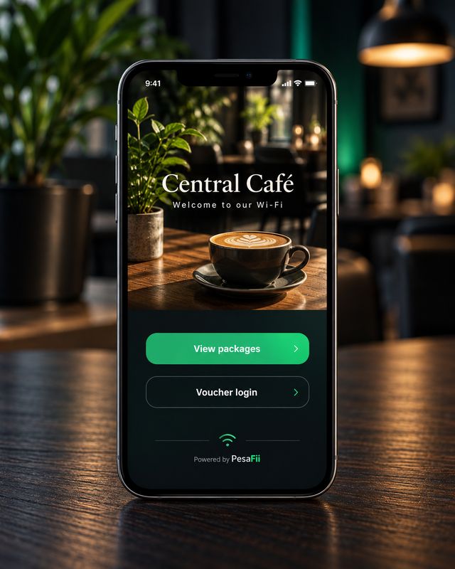 A café's Wi-Fi login page on a phone, with its own name, photo and packages button
