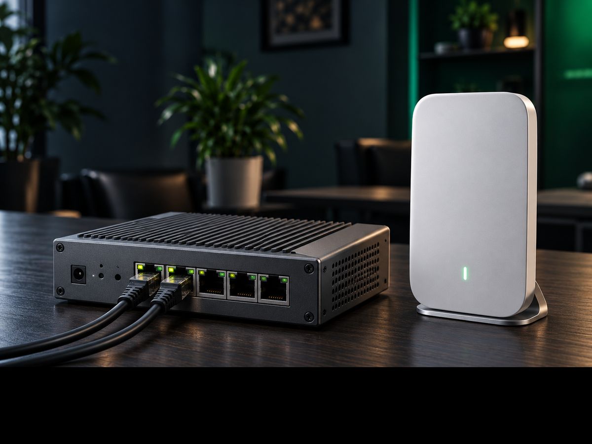 A hotspot router and a wireless access point on a desk, their link lights on
