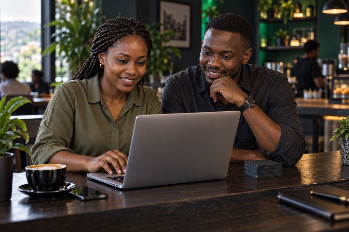 Two people working together at a laptop in a café, with a stack of voucher cards on the table