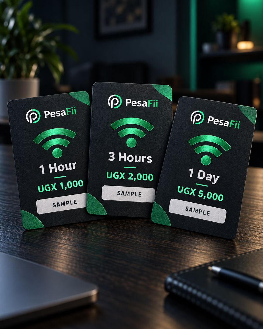 Three printed PesaFii voucher cards on a desk for 1 hour, 3 hours and 1 day, each with a scratch panel